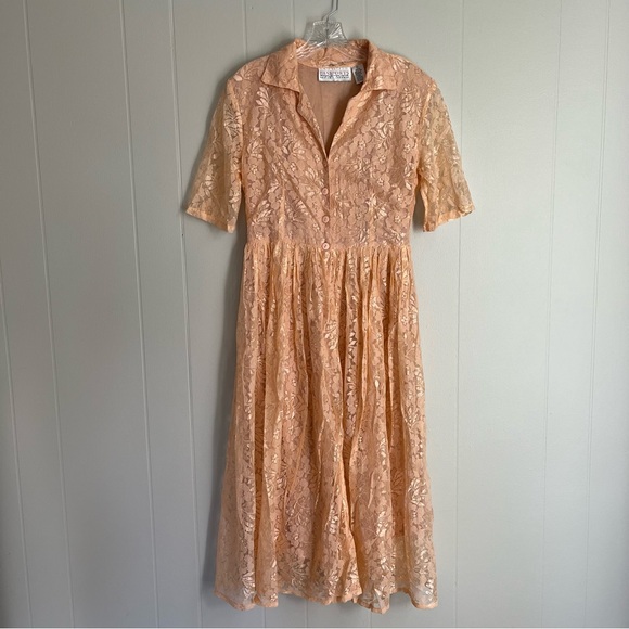 Vintage 90s Passports Pier 1 Pink Lace Midi Dress Medium Cottagecore Dainty - Picture 3 of 15
